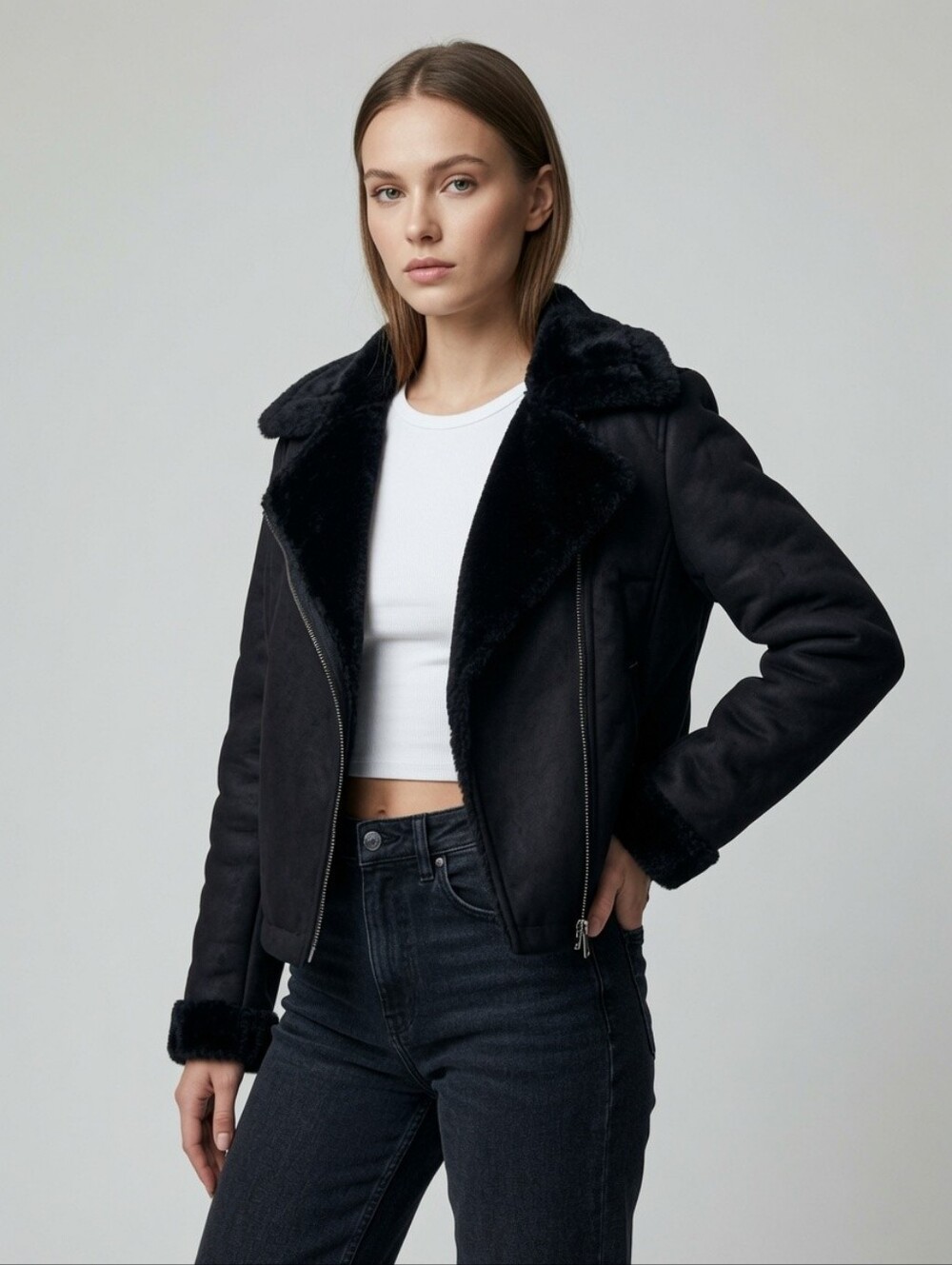 Banana Republic Black Faux Suede With Faux Fur Collar Asymmetrical Moto Jacket